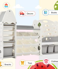 Toy Storage Organizer With 17 Bins And 4 Bookshelves