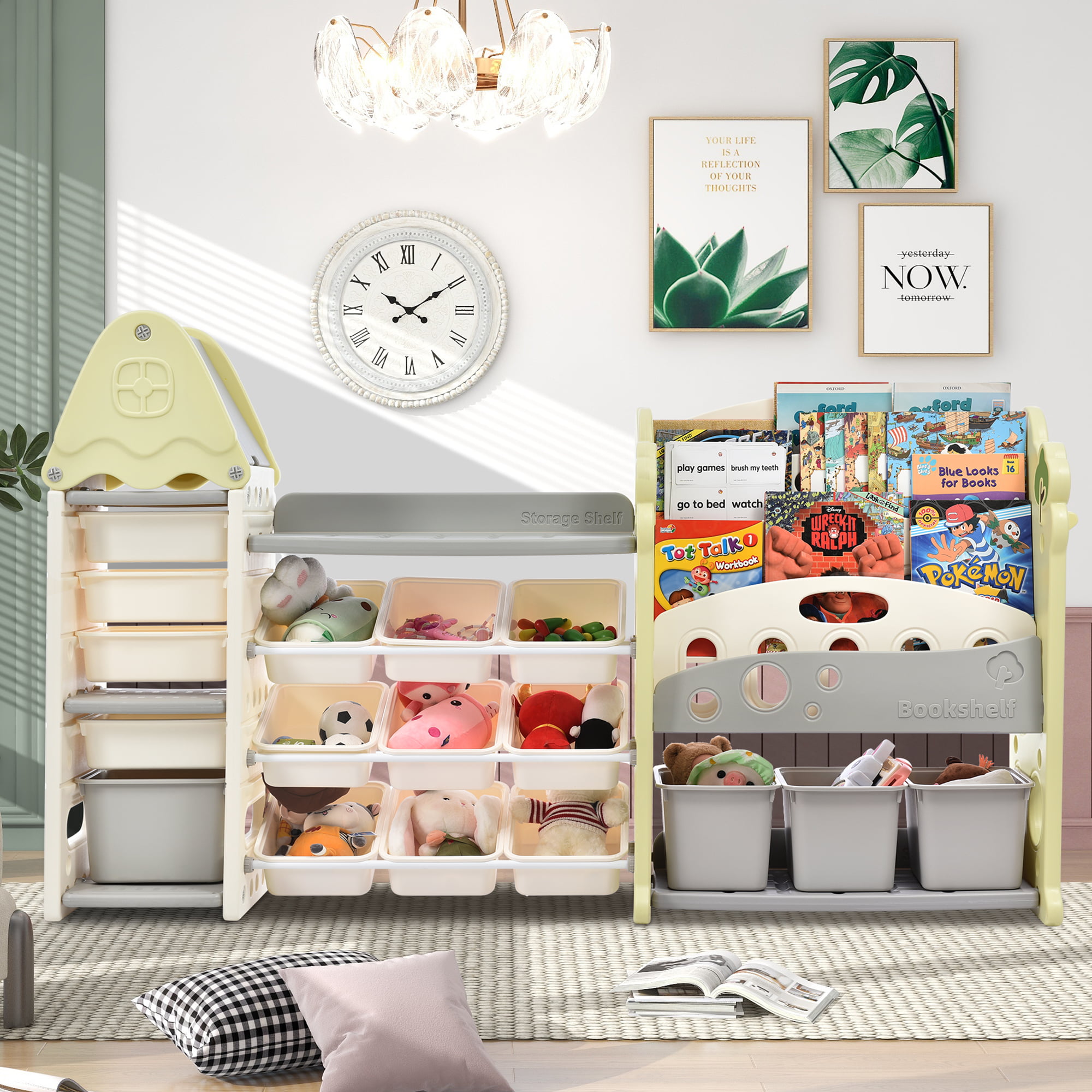 Toy Storage Organizer With 17 Bins And 4 Bookshelves