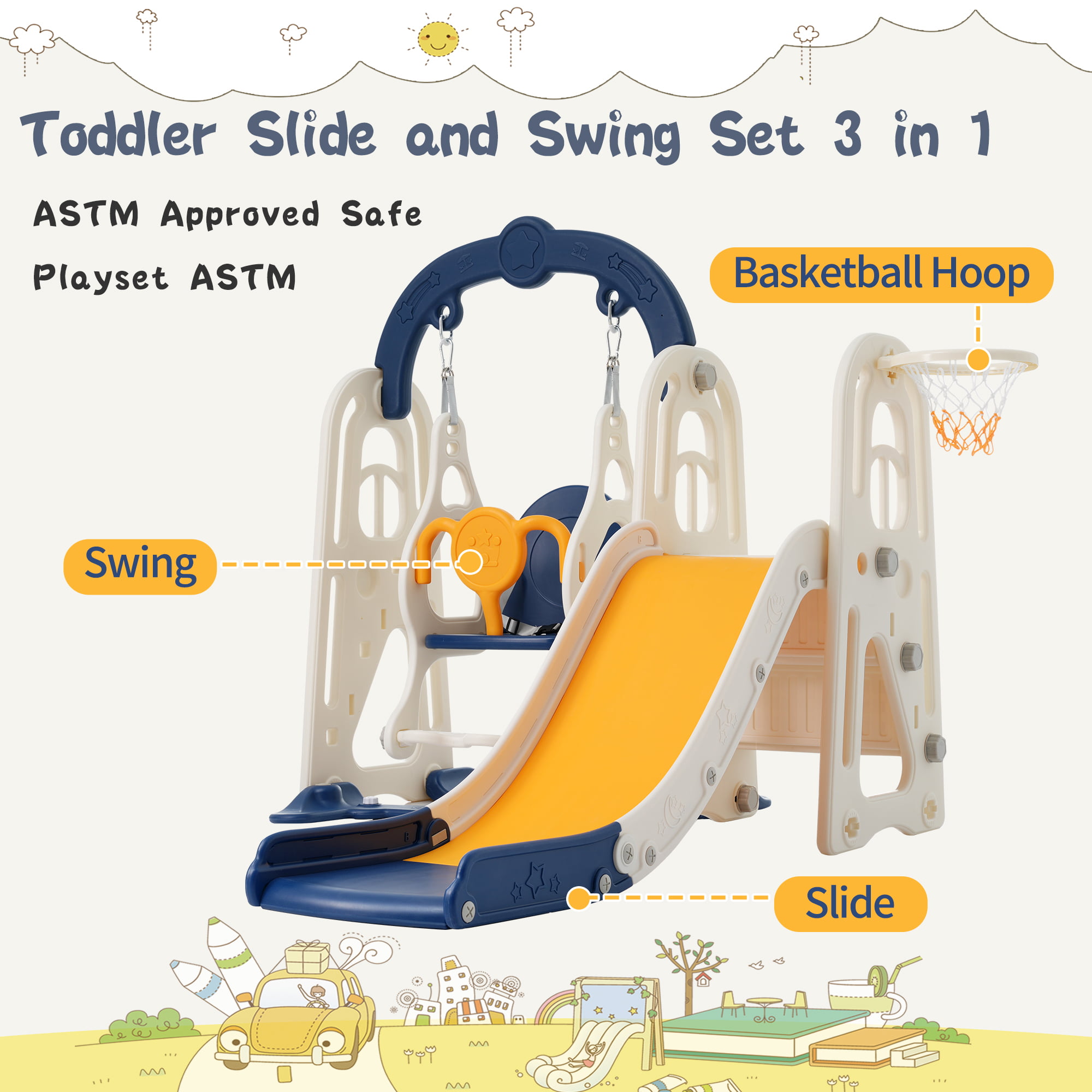 3 In 1 Slide And Swing Set For Toddler