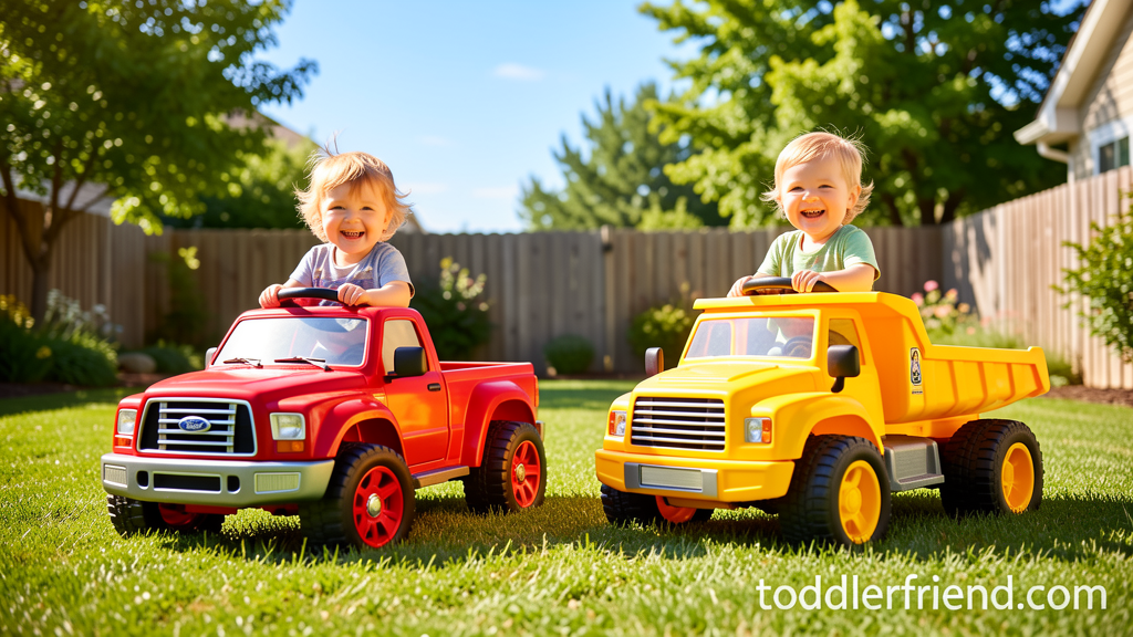 Toddlers driving ride-on trucks outdoors - toddlerfriend.com