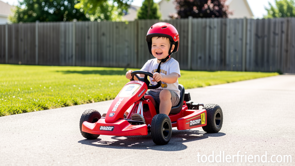 Toddler riding a crazy go cart safely in a driveway