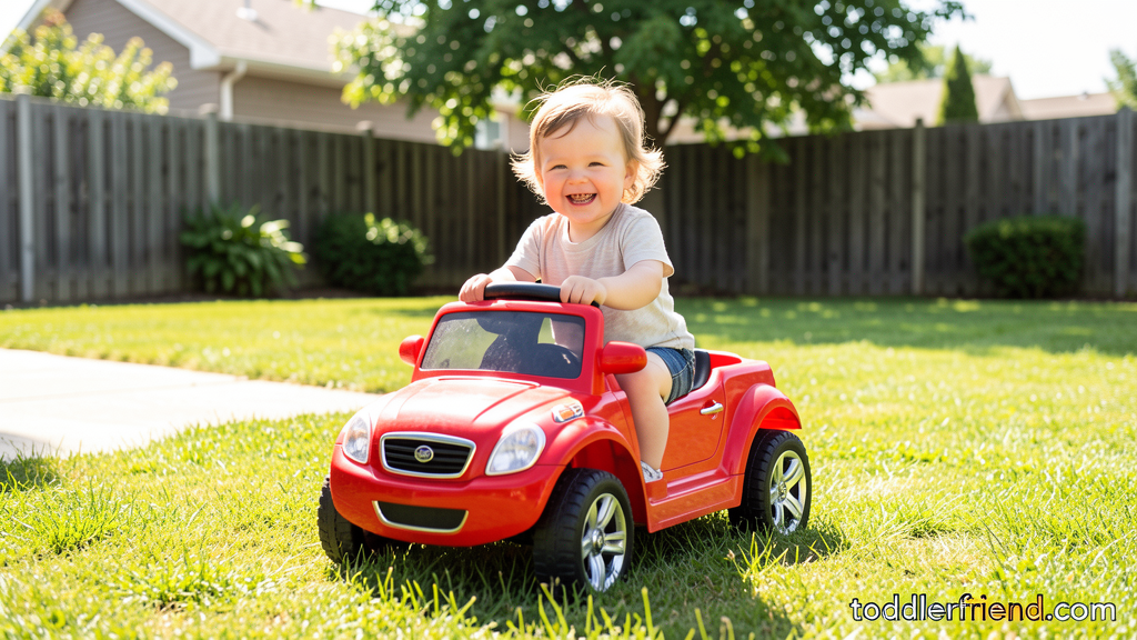 Toddler driving a red electric ride-on car in a sunny backyard