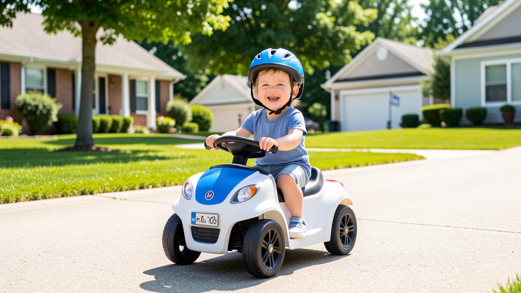 Toddler safely driving a kids electric car with parent supervision