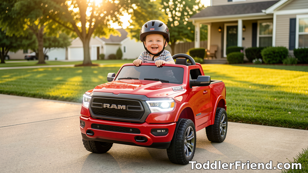 Toddler sitting in a red Dodge RAM 1500 ride-on car