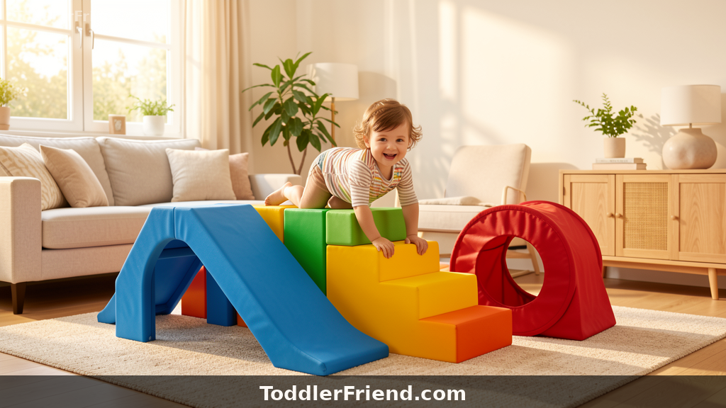 Toddler playing on indoor foam climbing blocks in a bright living room