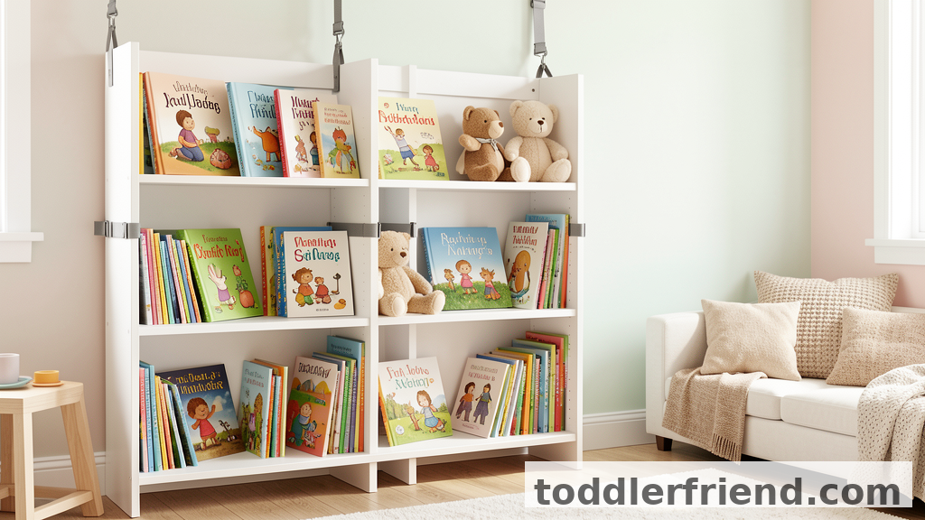 Beautiful white bookshelf for kids filled with colorful children's books in a bright toddler bedroom - toddlerfriend.com