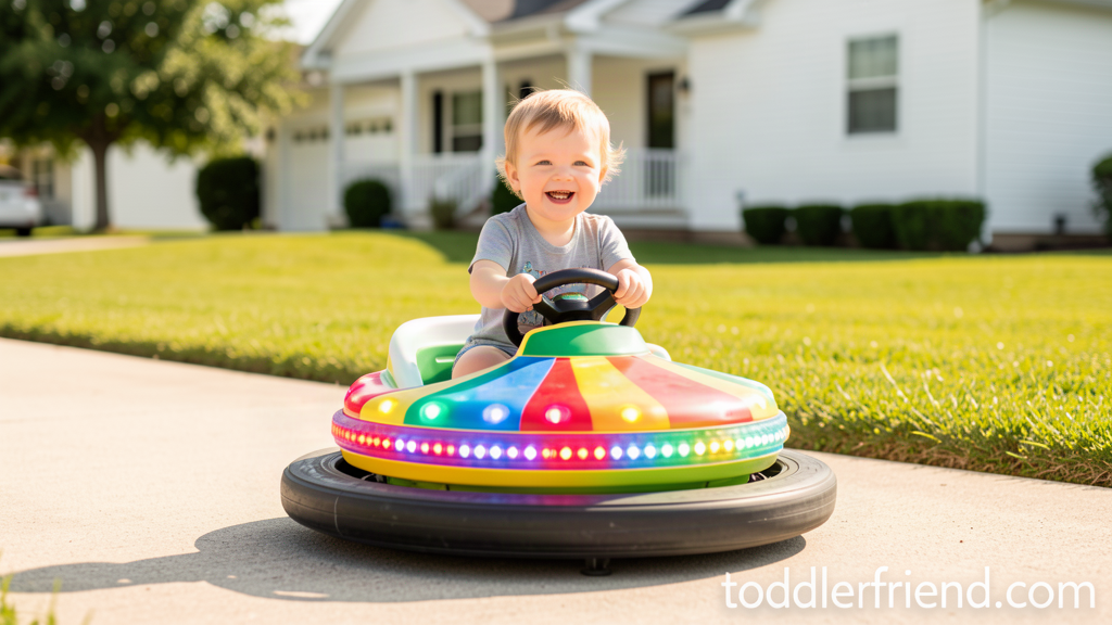 Toddler driving a colorful electric bumper car on a sunny driveway