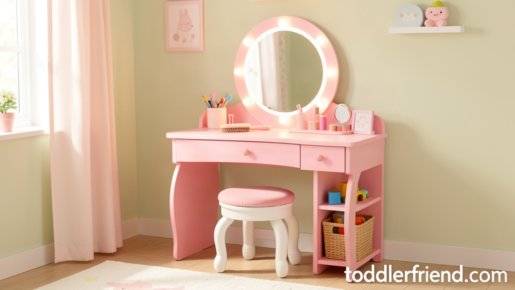 Pink wooden kids vanity set with stool and lighted mirror in a toddler bedroom