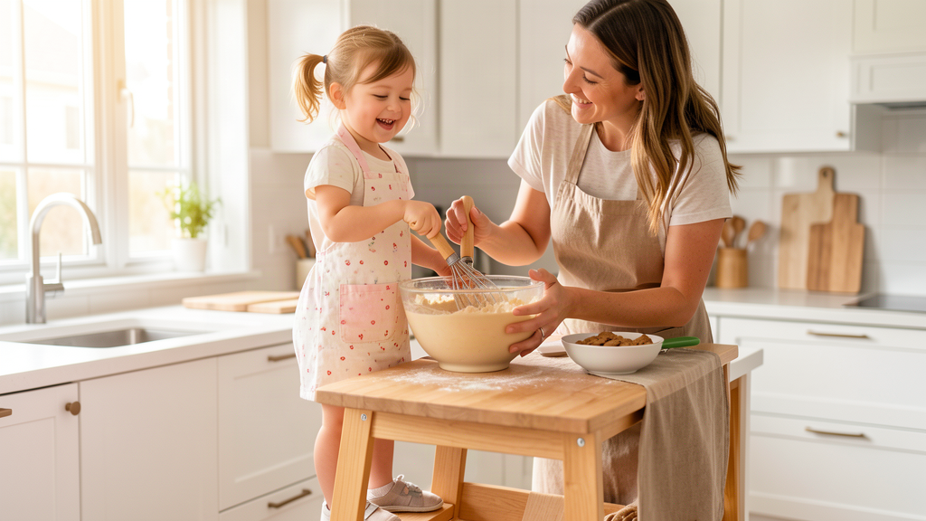 Toddler standing on a wooden kitchen helper tower at the counter