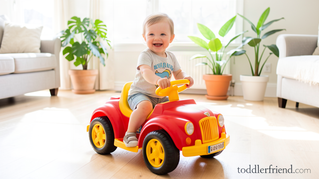 Toddler sitting in a four wheel ride on toy car in a sunlit living room