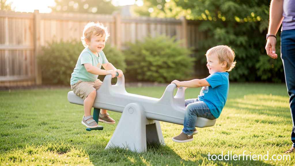 Two toddlers riding a gray molded plastic teeter totter seesaw on a backyard lawn with a parent supervising nearby