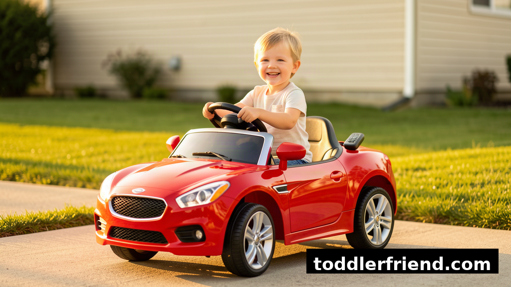 Toddler smiling in a red battery powered ride on car on a sunlit driveway