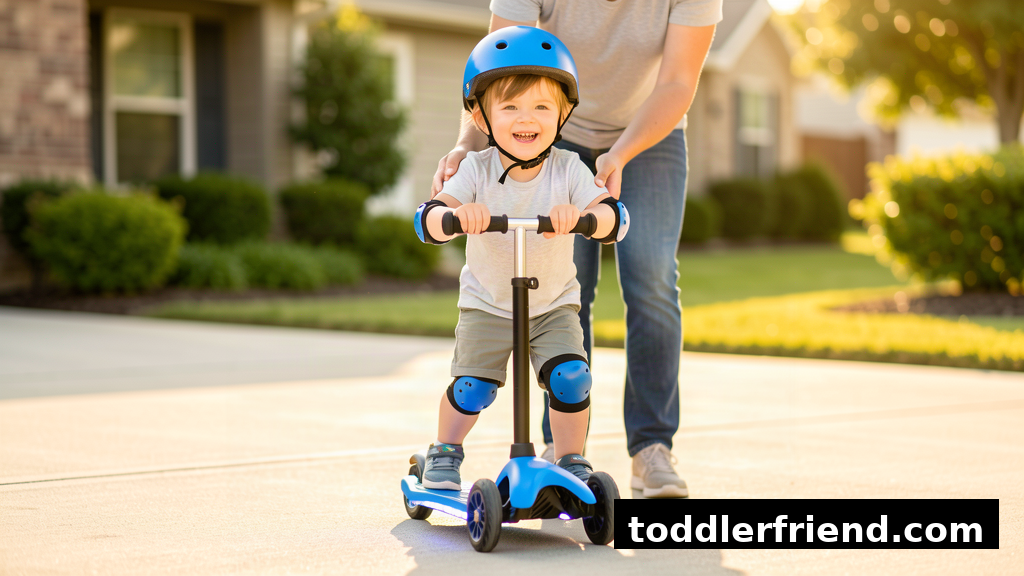 Toddler wearing a blue helmet and knee pads riding a three-wheel electric scooter on a driveway while a parent supervises