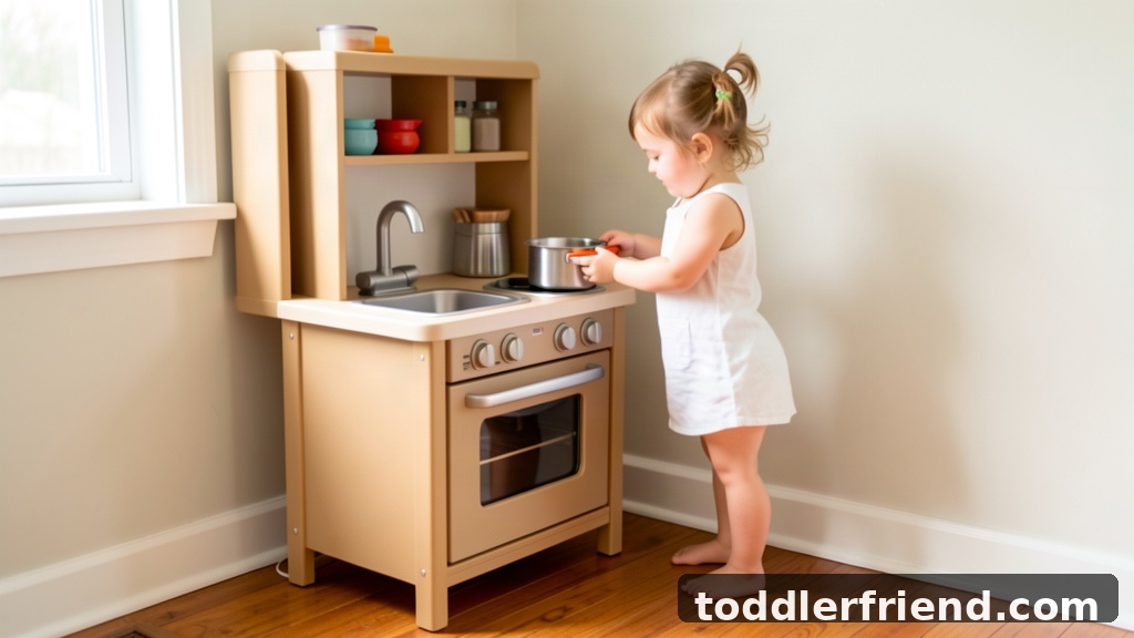 play kitchen for 2 year olds - toddler standing at a wooden play kitchen counter